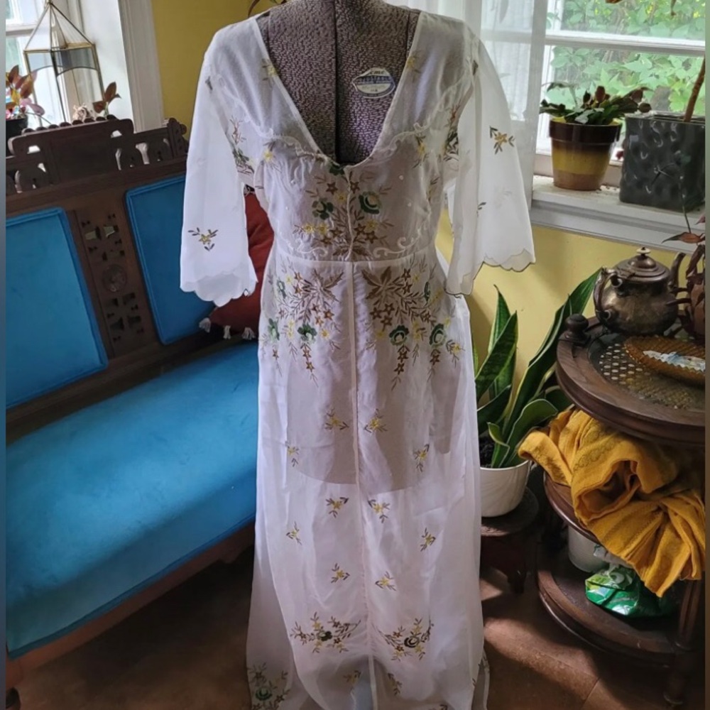 Vintage, 1960s, Junket Gown. Sheer floral embroidery, butterfly sleeves. US14.